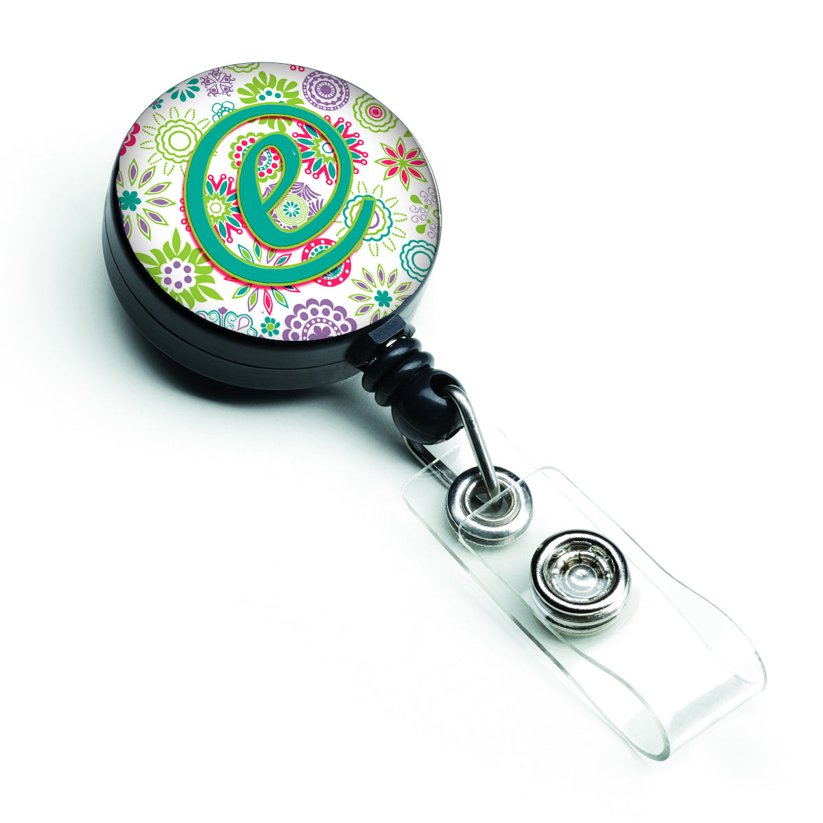 Letter E Flowers Pink Teal Green Initial Retractable Badge Reel CJ2011-EBR  the-store.com.