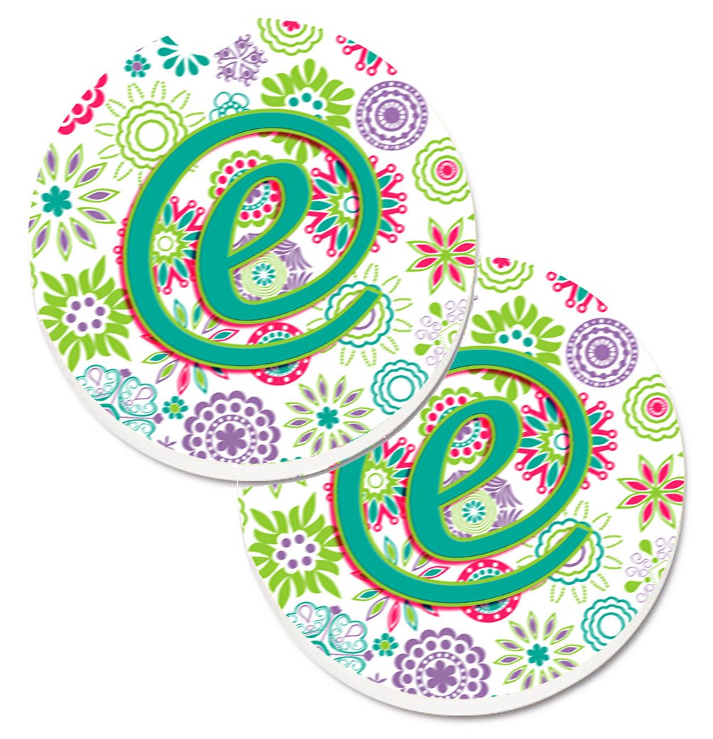 Letter E Flowers Pink Teal Green Initial Set of 2 Cup Holder Car Coasters CJ2011-ECARC by Caroline&#39;s Treasures