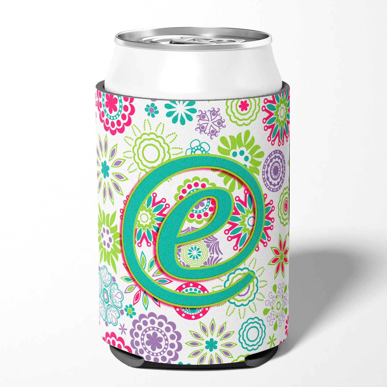 Caroline's Treasures Letter E Flowers Pink Teal Green Initial Can or Bottle Hugger CJ2011-ECC