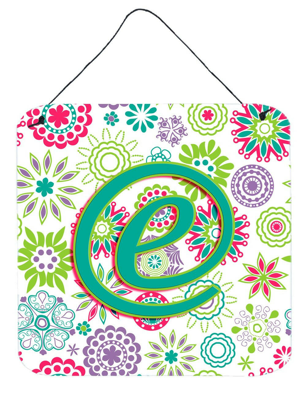Letter E Flowers Pink Teal Green Initial Wall or Door Hanging Prints CJ2011-EDS66 by Caroline&#39;s Treasures
