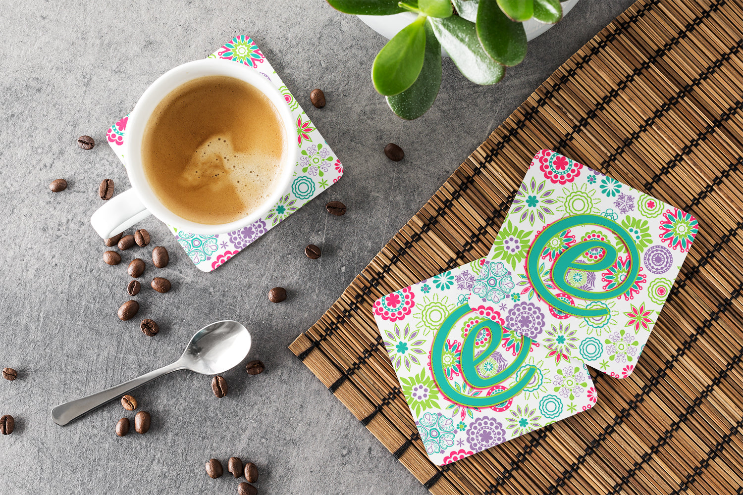 Set of 4 Letter E Flowers Pink Teal Green Initial Foam Coasters CJ2011-EFC - the-store.com