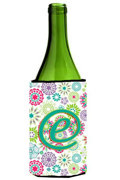 Letter E Flowers Pink Teal Green Initial Wine Bottle Beverage Insulator Hugger CJ2011-ELITERK by Caroline&#39;s Treasures
