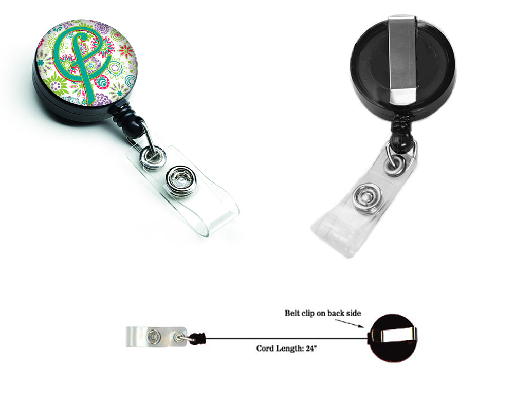 Letter F Flowers Pink Teal Green Initial Retractable Badge Reel CJ2011-FBR  the-store.com.