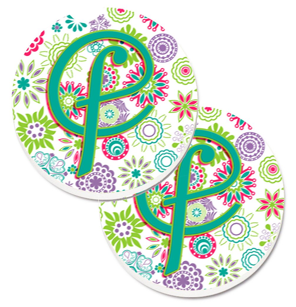Letter F Flowers Pink Teal Green Initial Set of 2 Cup Holder Car Coasters CJ2011-FCARC by Caroline&#39;s Treasures