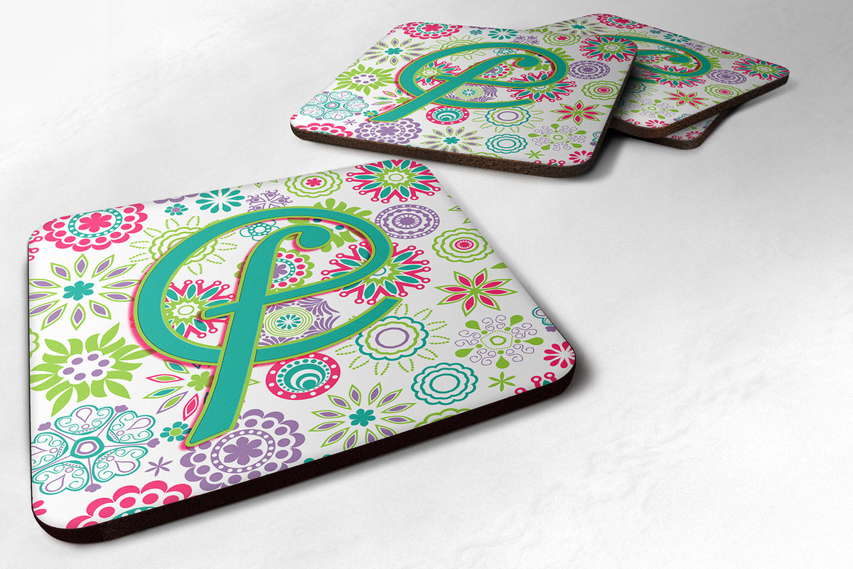 Set of 4 Letter F Flowers Pink Teal Green Initial Foam Coasters CJ2011-FFC - the-store.com