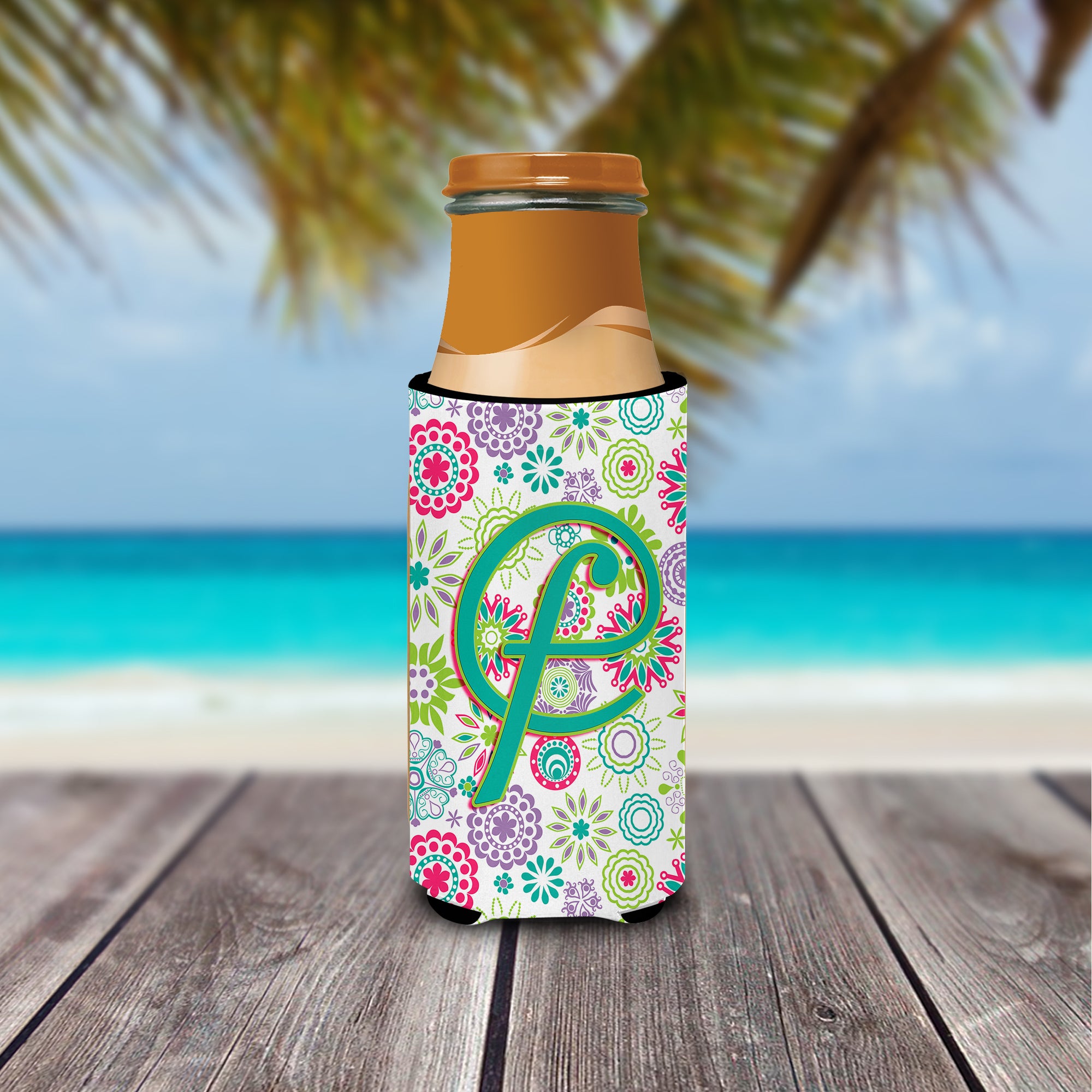 Letter F Flowers Pink Teal Green Initial Ultra Beverage Insulators for slim cans CJ2011-FMUK