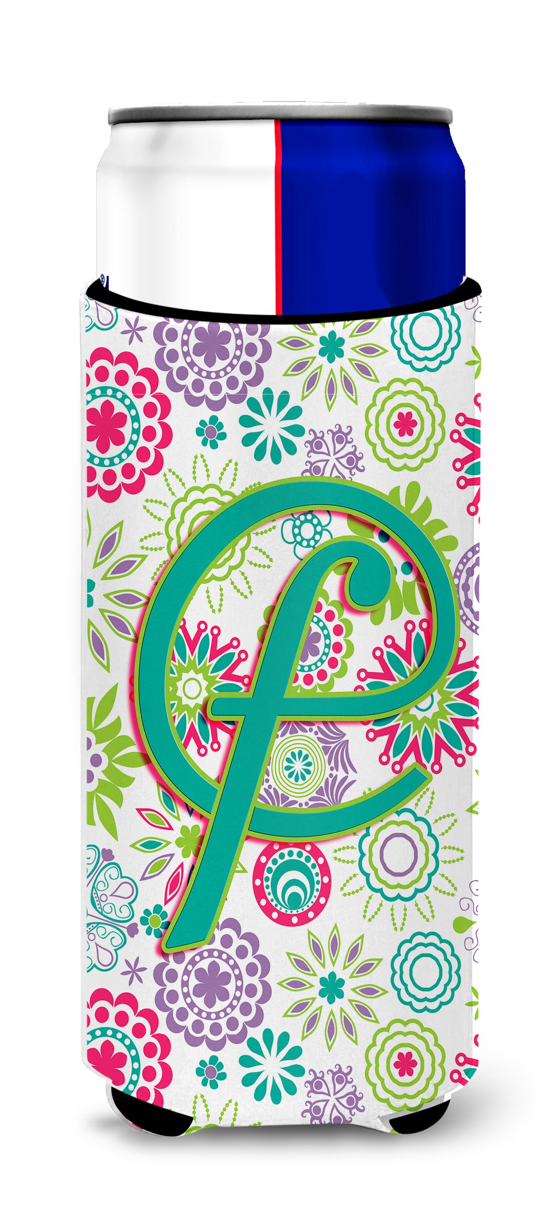 Letter F Flowers Pink Teal Green Initial Ultra Beverage Insulators for slim cans CJ2011-FMUK.