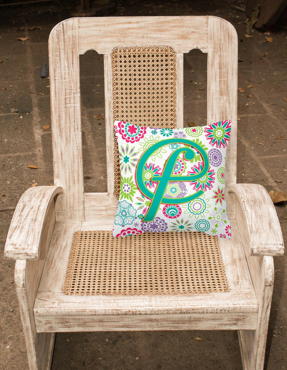 Letter F Flowers Pink Teal Green Initial Canvas Fabric Decorative Pillow CJ2011-FPW1414 by Caroline's Treasures