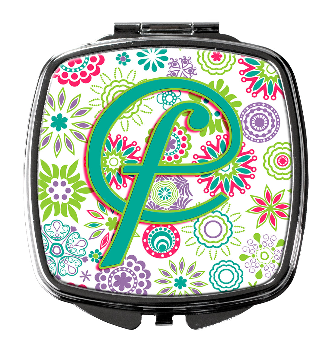 Letter F Flowers Pink Teal Green Initial Compact Mirror CJ2011-FSCM  the-store.com.