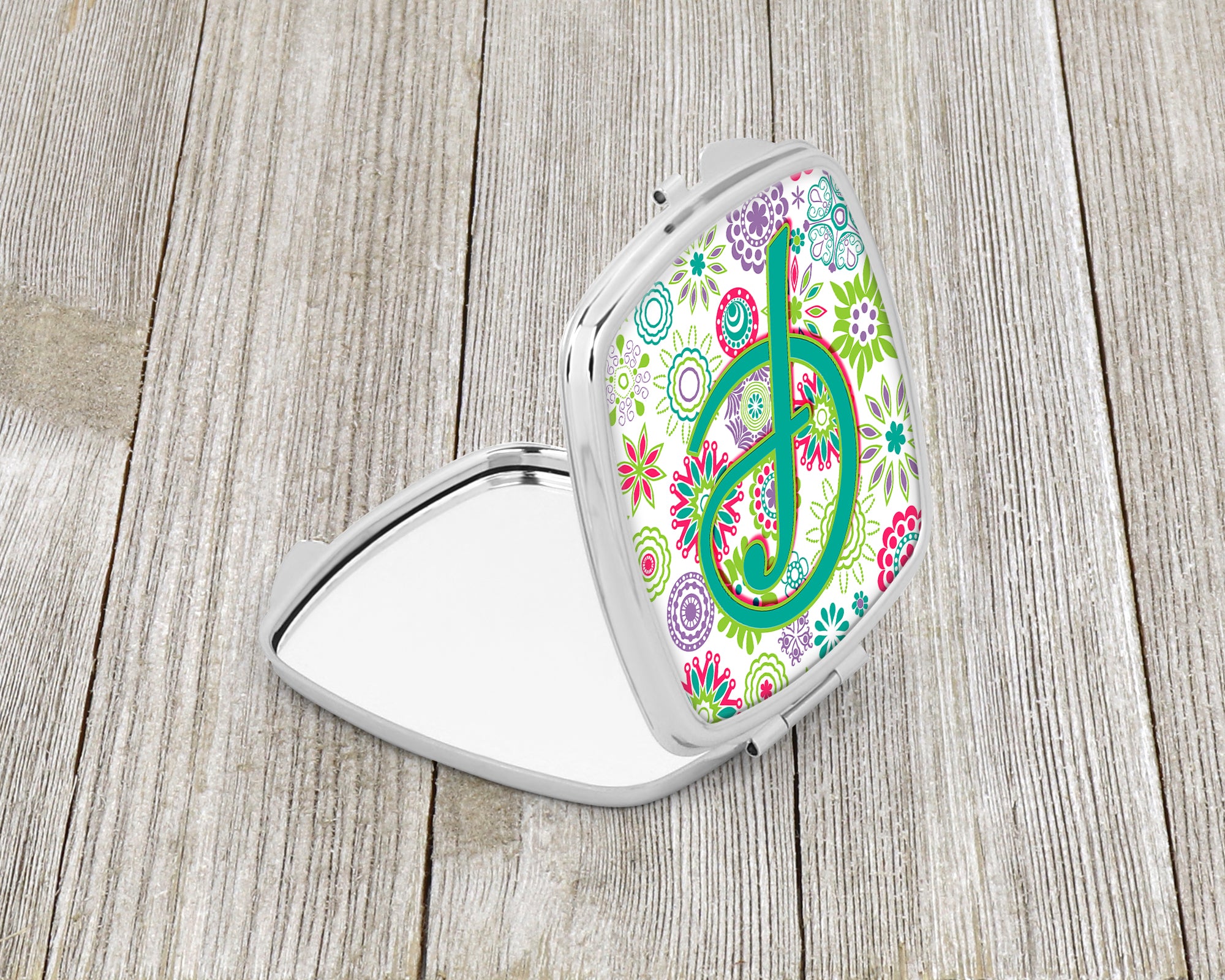 Letter F Flowers Pink Teal Green Initial Compact Mirror CJ2011-FSCM  the-store.com.