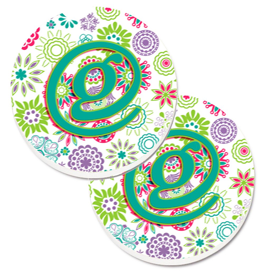 Letter G Flowers Pink Teal Green Initial Set of 2 Cup Holder Car Coasters CJ2011-GCARC by Caroline&#39;s Treasures