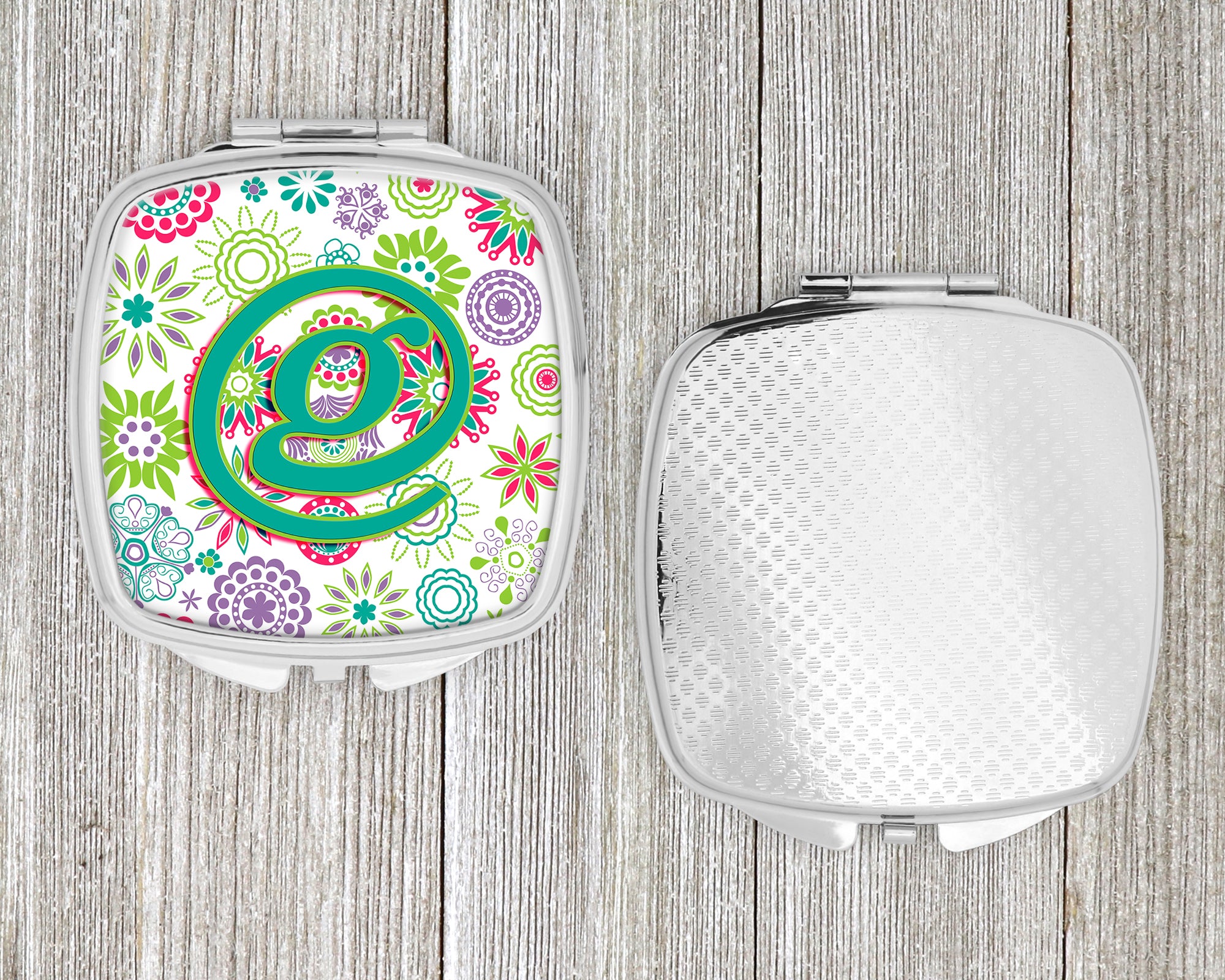 Letter G Flowers Pink Teal Green Initial Compact Mirror CJ2011-GSCM