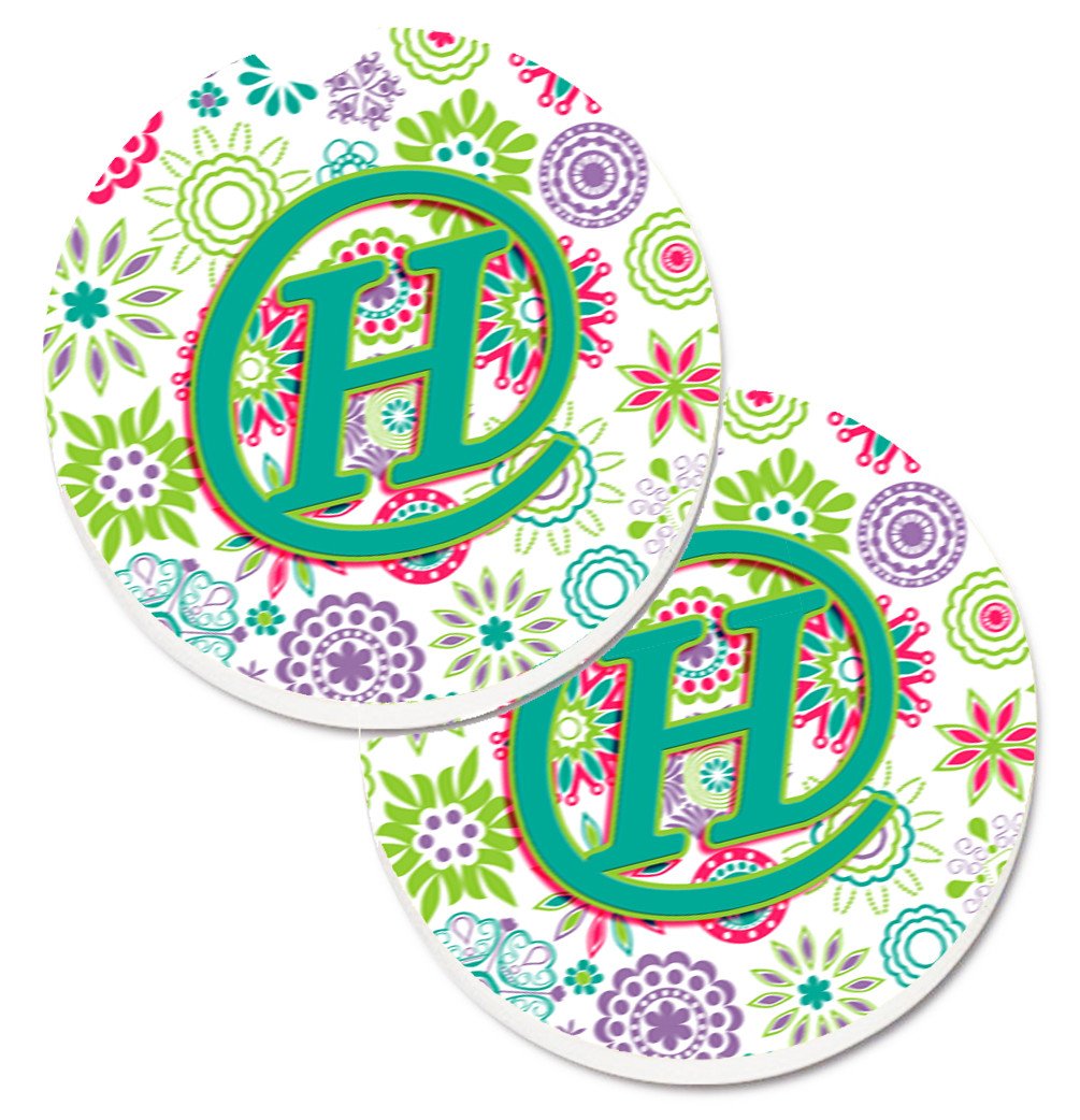 Letter H Flowers Pink Teal Green Initial Set of 2 Cup Holder Car Coasters CJ2011-HCARC by Caroline&#39;s Treasures