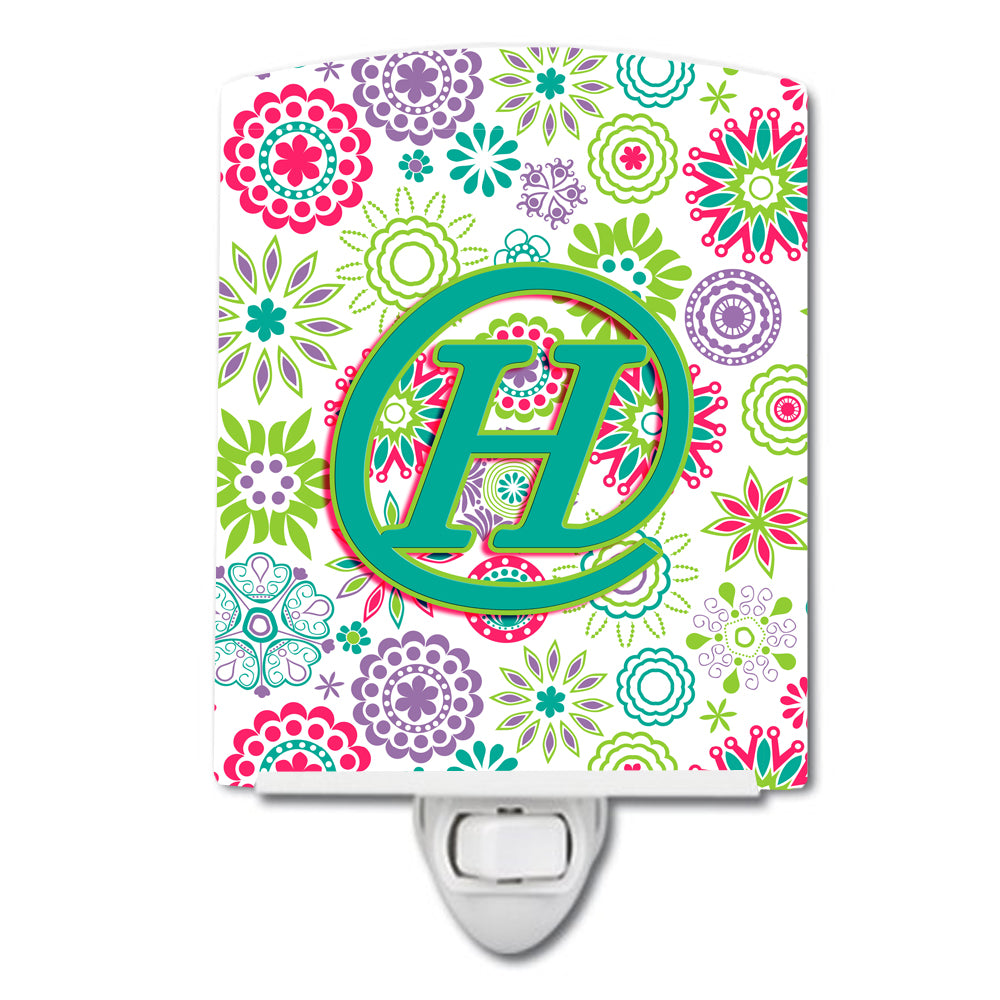 Letter H Flowers Pink Teal Green Initial Ceramic Night Light CJ2011-HCNL - the-store.com