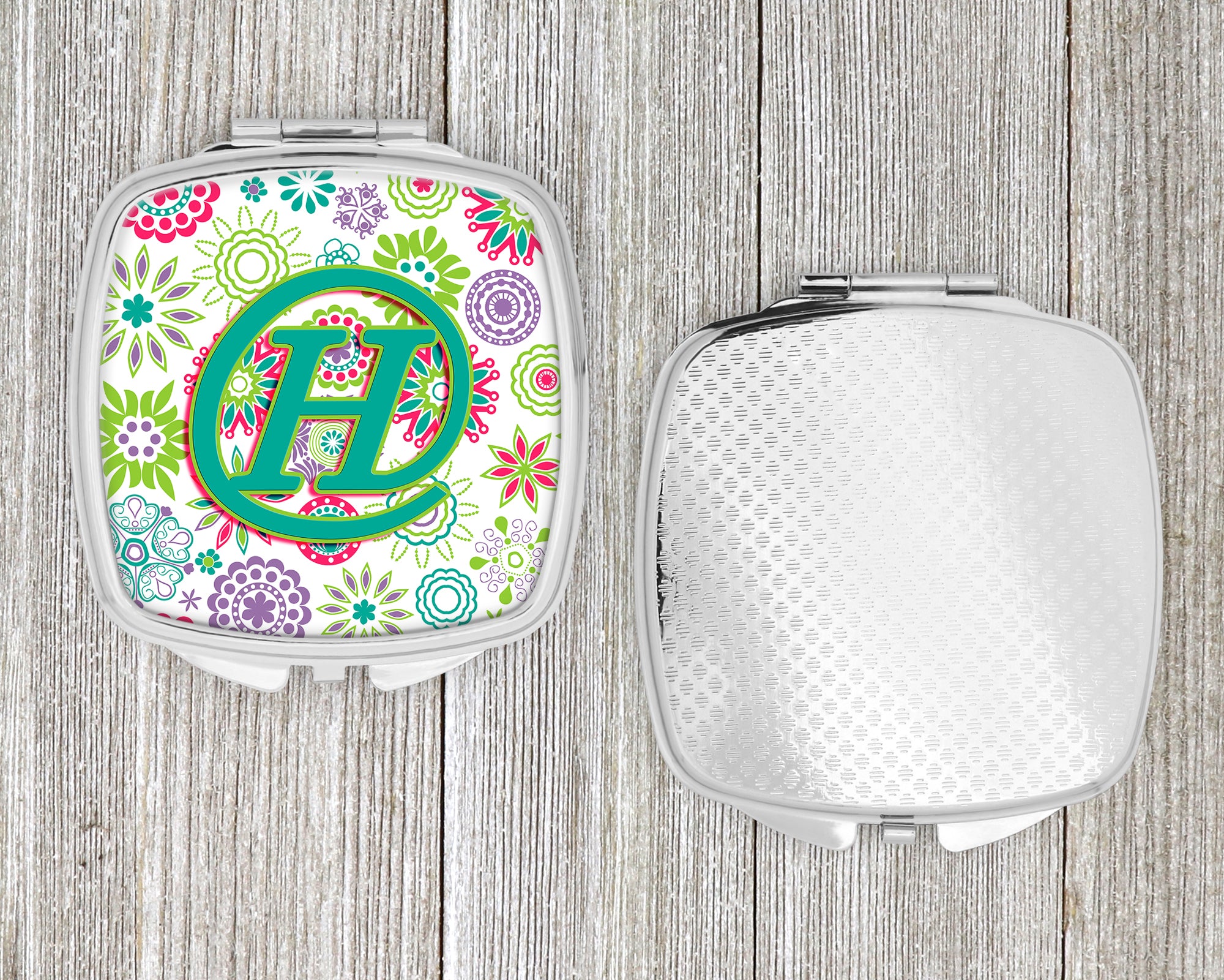 Letter H Flowers Pink Teal Green Initial Compact Mirror CJ2011-HSCM
