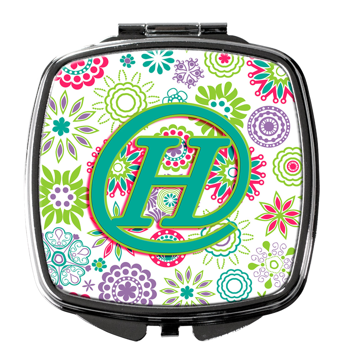 Letter H Flowers Pink Teal Green Initial Compact Mirror CJ2011-HSCM