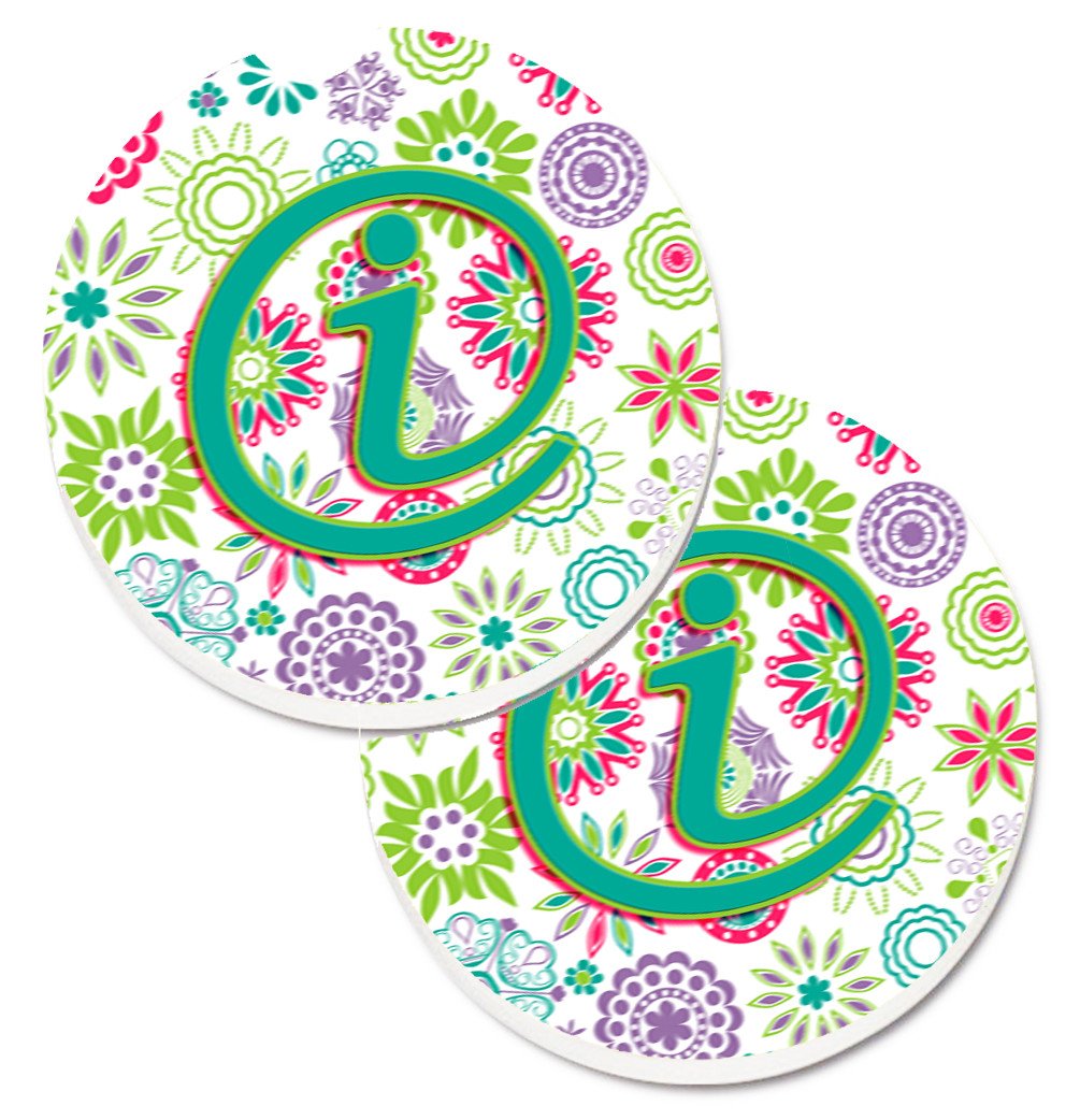 Letter I Flowers Pink Teal Green Initial Set of 2 Cup Holder Car Coasters CJ2011-ICARC by Caroline&#39;s Treasures