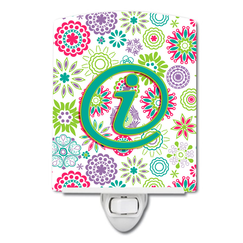 Letter I Flowers Pink Teal Green Initial Ceramic Night Light CJ2011-ICNL - the-store.com
