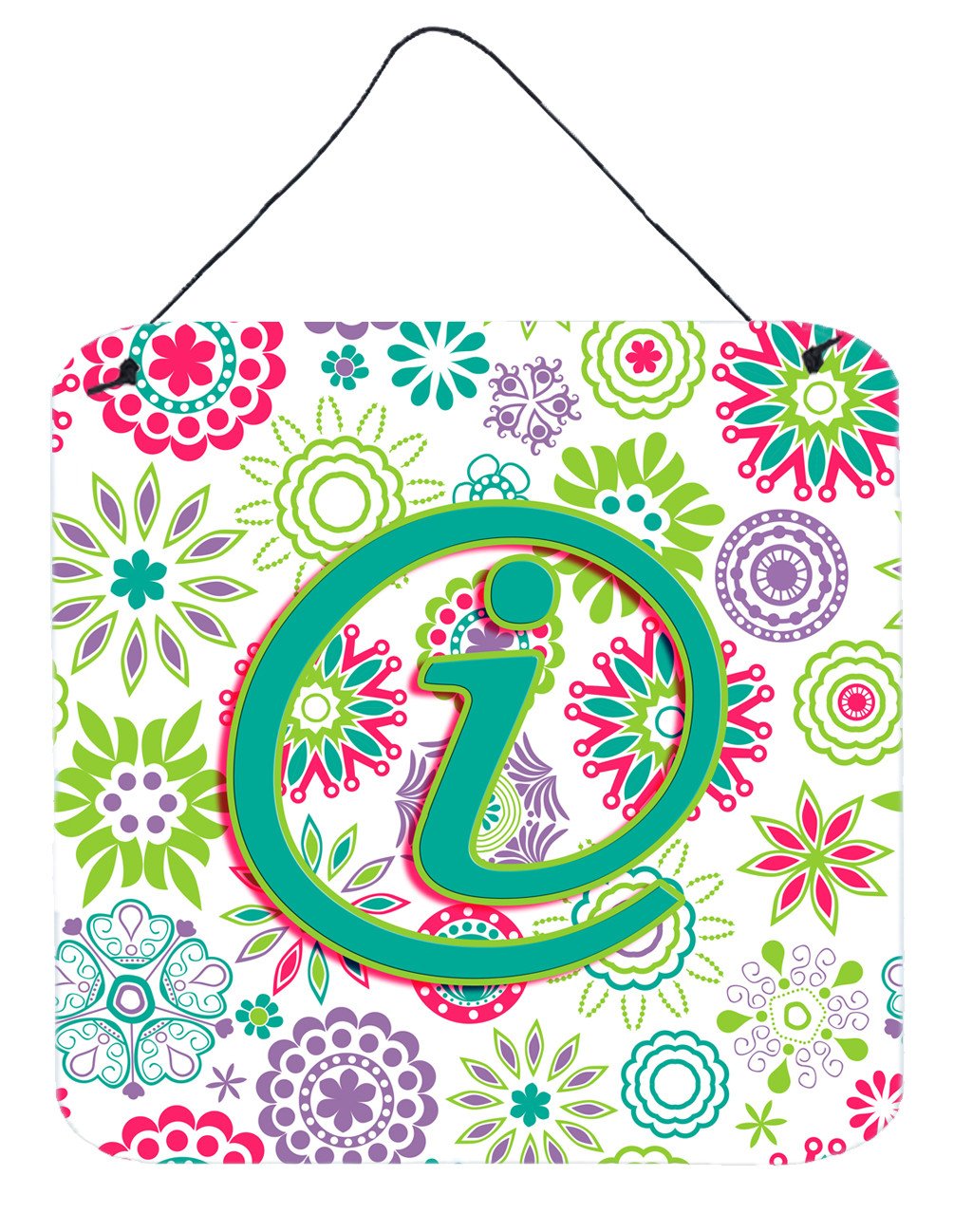 Letter I Flowers Pink Teal Green Initial Wall or Door Hanging Prints CJ2011-IDS66 by Caroline's Treasures