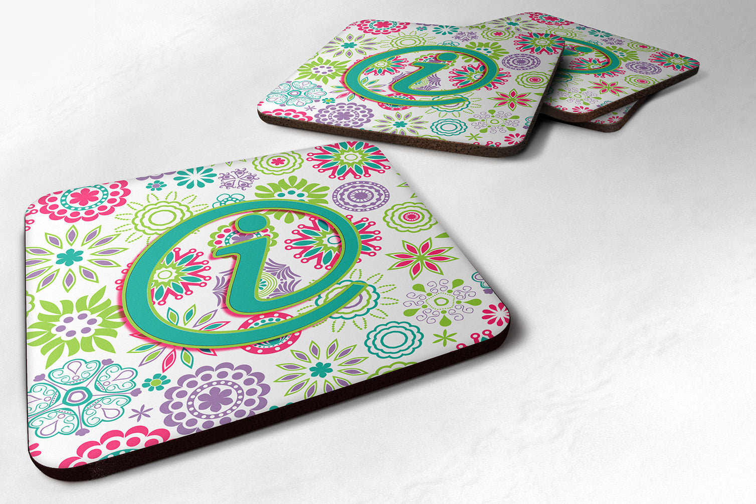 Set of 4 Letter I Flowers Pink Teal Green Initial Foam Coasters CJ2011-IFC - the-store.com