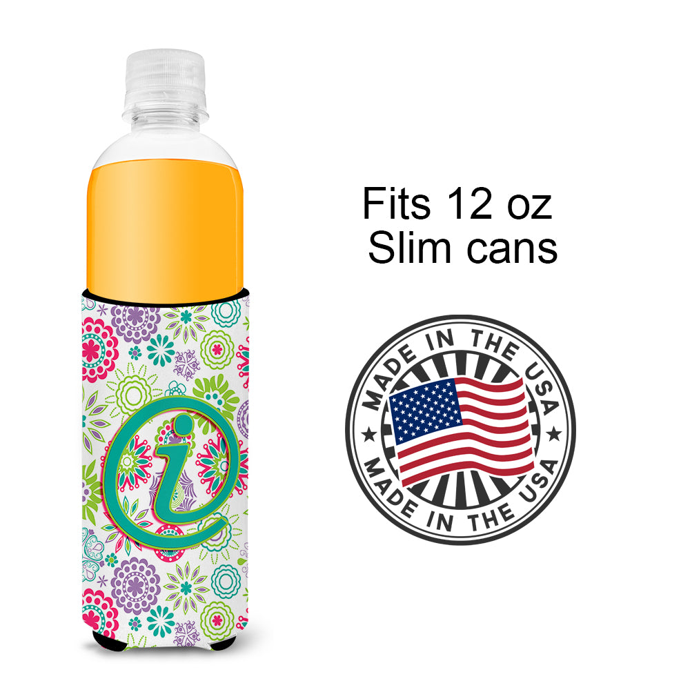 Letter I Flowers Pink Teal Green Initial Ultra Beverage Insulators for slim cans CJ2011-IMUK.