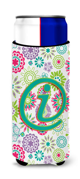 Letter I Flowers Pink Teal Green Initial Ultra Beverage Insulators for slim cans CJ2011-IMUK