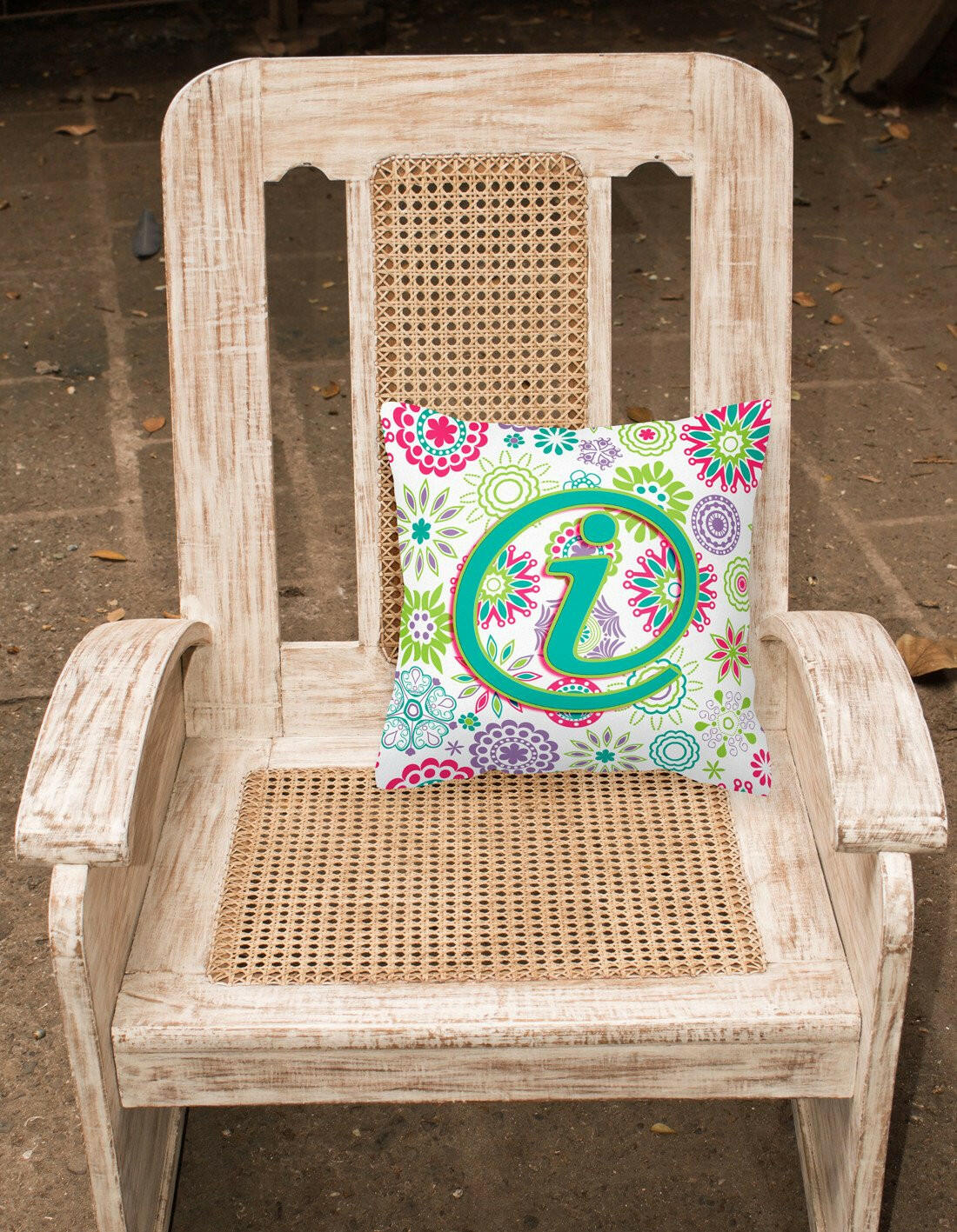 Letter I Flowers Pink Teal Green Initial Canvas Fabric Decorative Pillow CJ2011-IPW1414 by Caroline's Treasures