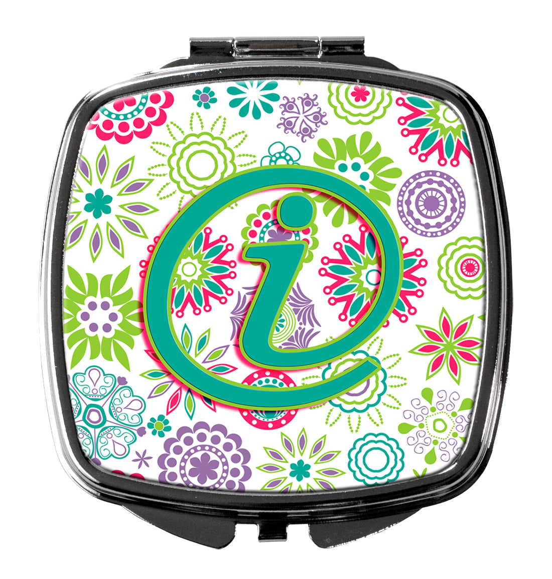 Letter I Flowers Pink Teal Green Initial Compact Mirror CJ2011-ISCM
