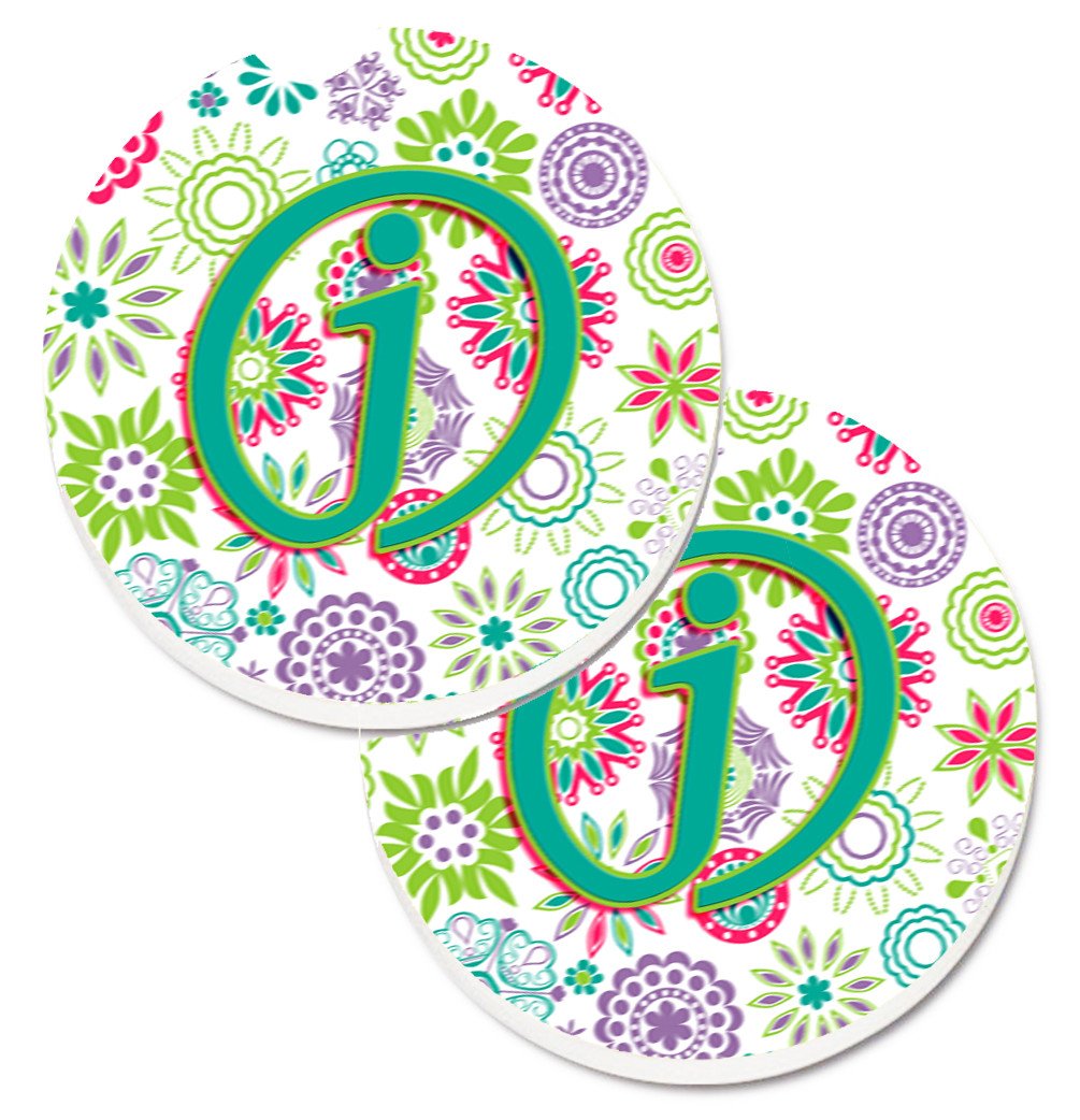 Letter J Flowers Pink Teal Green Initial Set of 2 Cup Holder Car Coasters CJ2011-JCARC by Caroline&#39;s Treasures