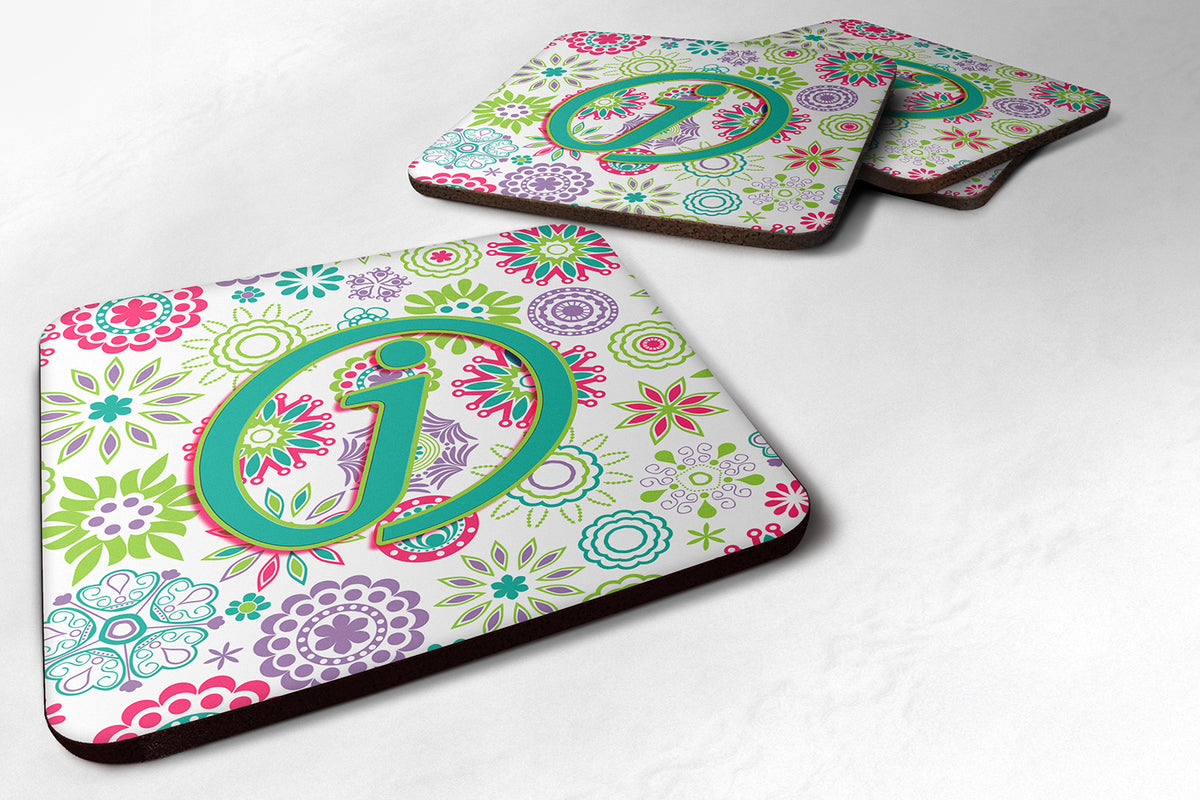 Set of 4 Letter J Flowers Pink Teal Green Initial Foam Coasters CJ2011-JFC - the-store.com