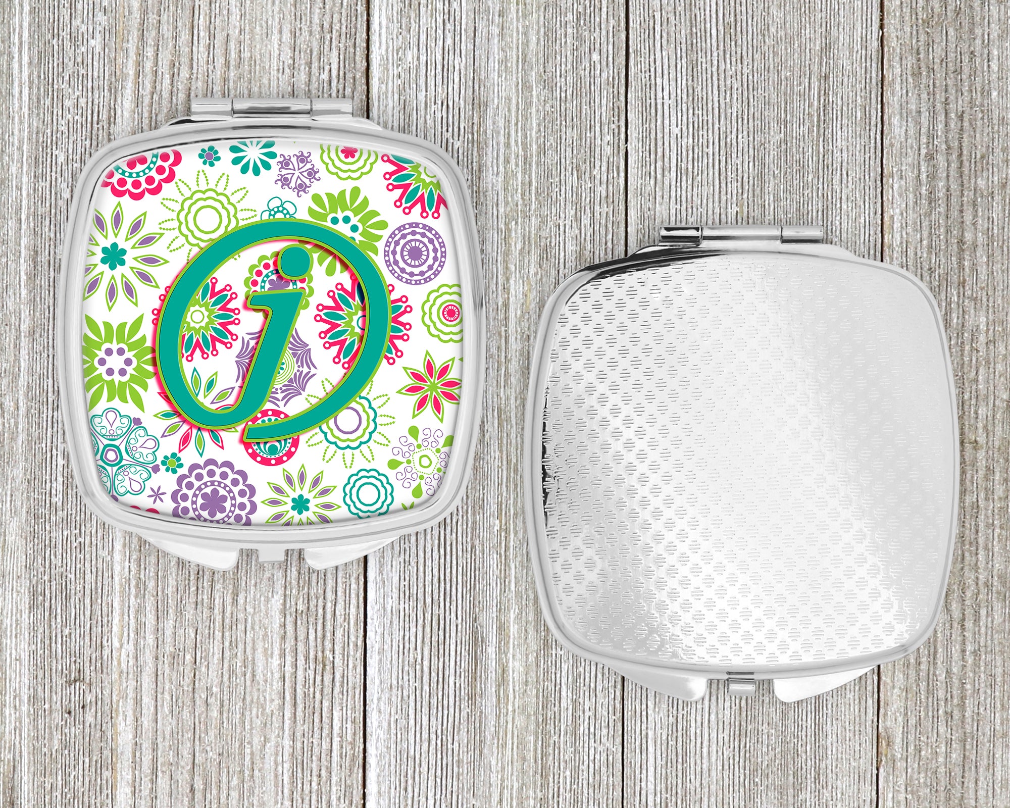 Letter J Flowers Pink Teal Green Initial Compact Mirror CJ2011-JSCM