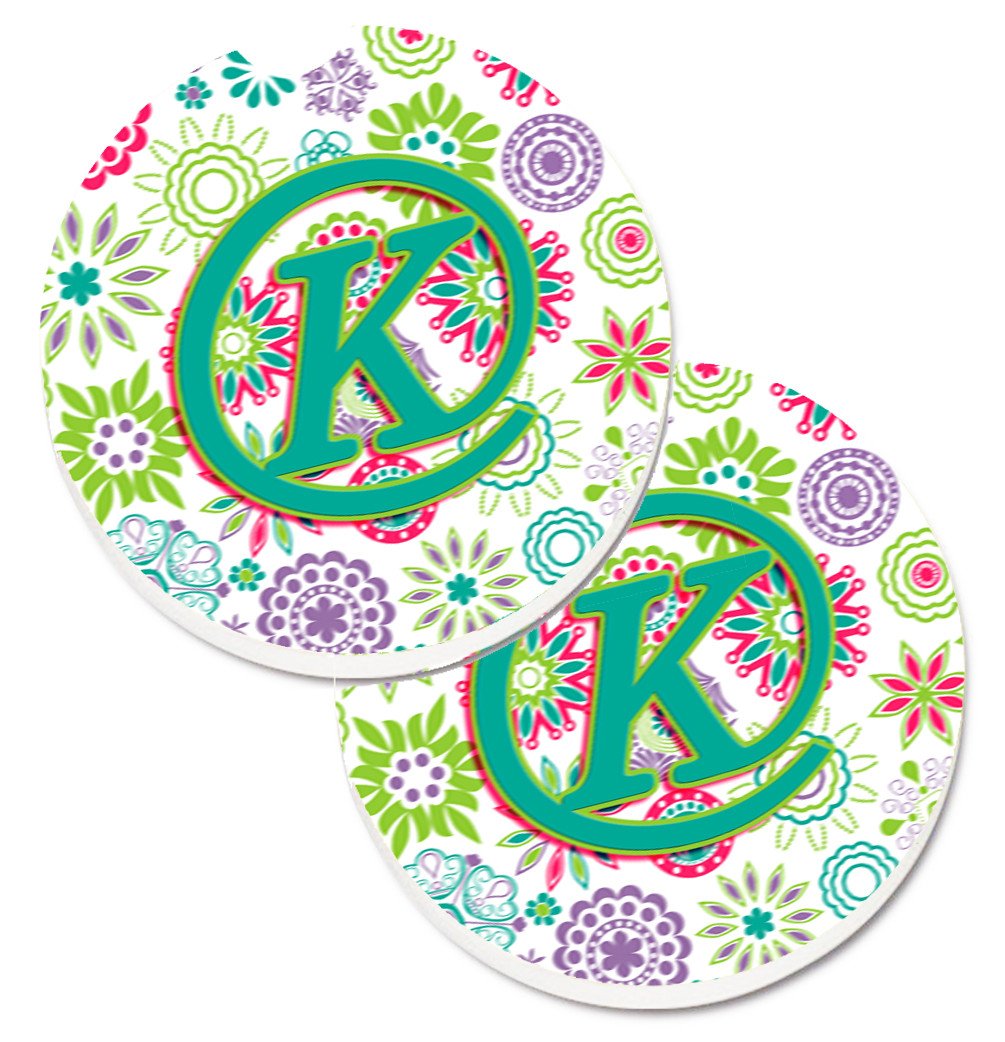 Letter K Flowers Pink Teal Green Initial Set of 2 Cup Holder Car Coasters CJ2011-KCARC by Caroline&#39;s Treasures