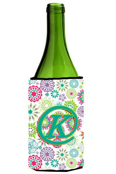 Letter K Flowers Pink Teal Green Initial Wine Bottle Beverage Insulator Hugger CJ2011-KLITERK by Caroline&#39;s Treasures