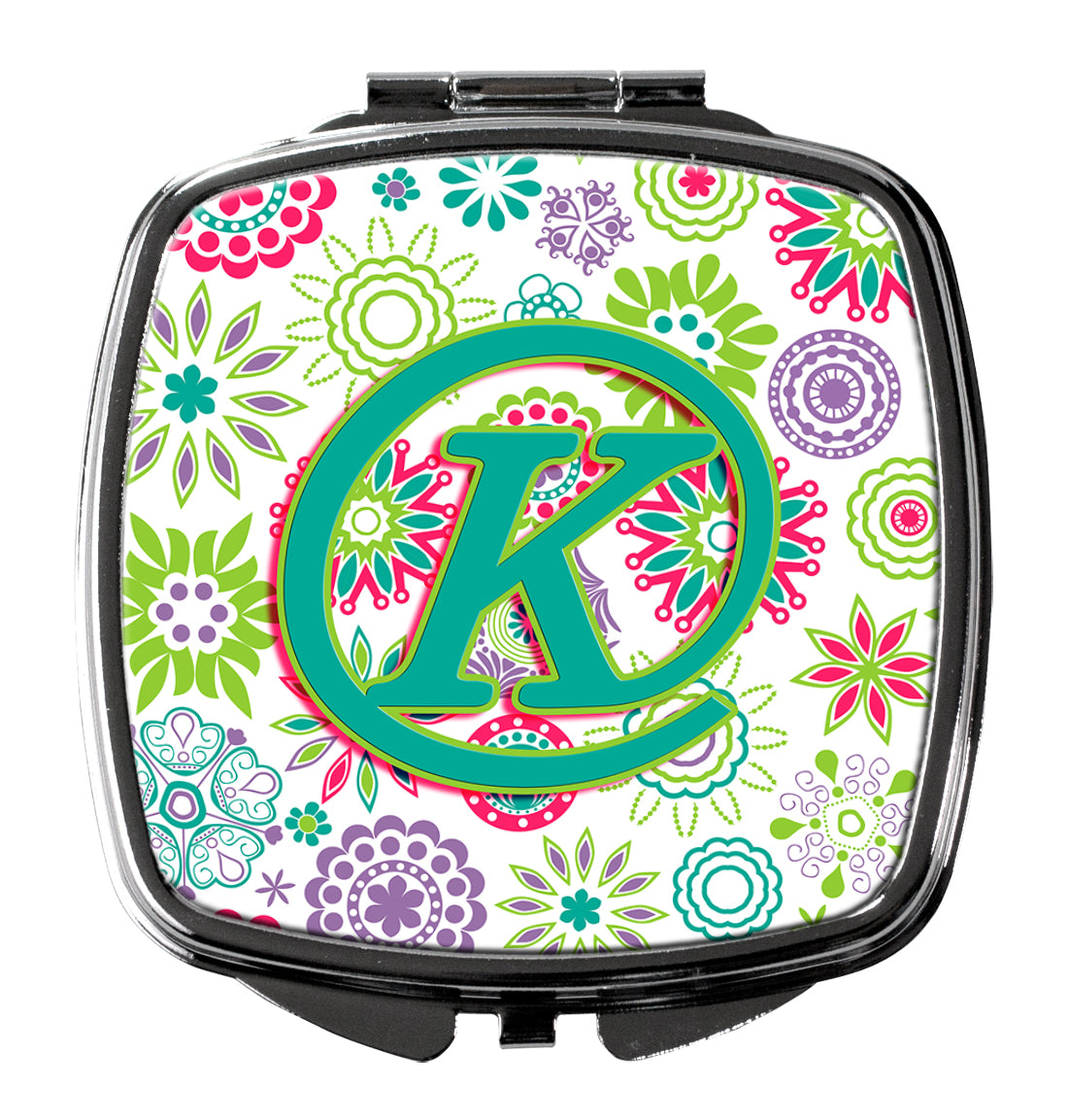 Letter K Flowers Pink Teal Green Initial Compact Mirror CJ2011-KSCM  the-store.com.