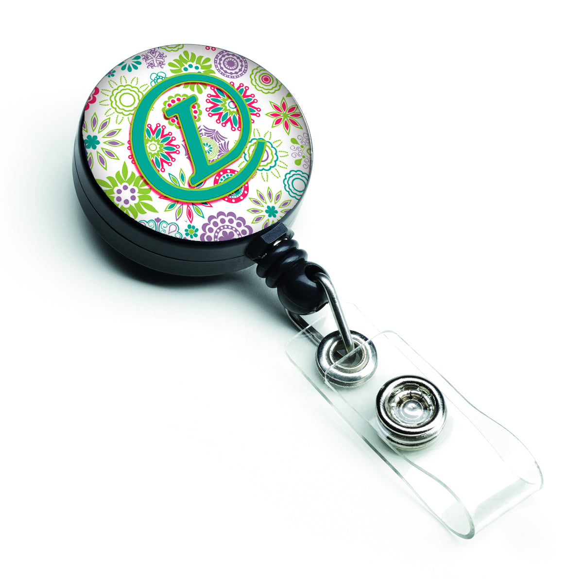 Letter L Flowers Pink Teal Green Initial Retractable Badge Reel CJ2011-LBR