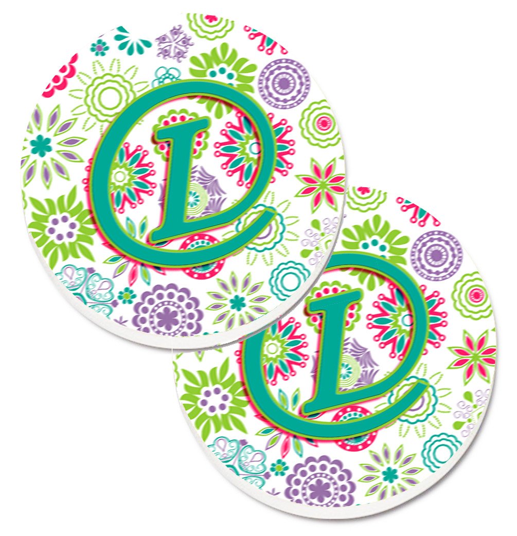 Letter L Flowers Pink Teal Green Initial Set of 2 Cup Holder Car Coasters CJ2011-LCARC by Caroline&#39;s Treasures