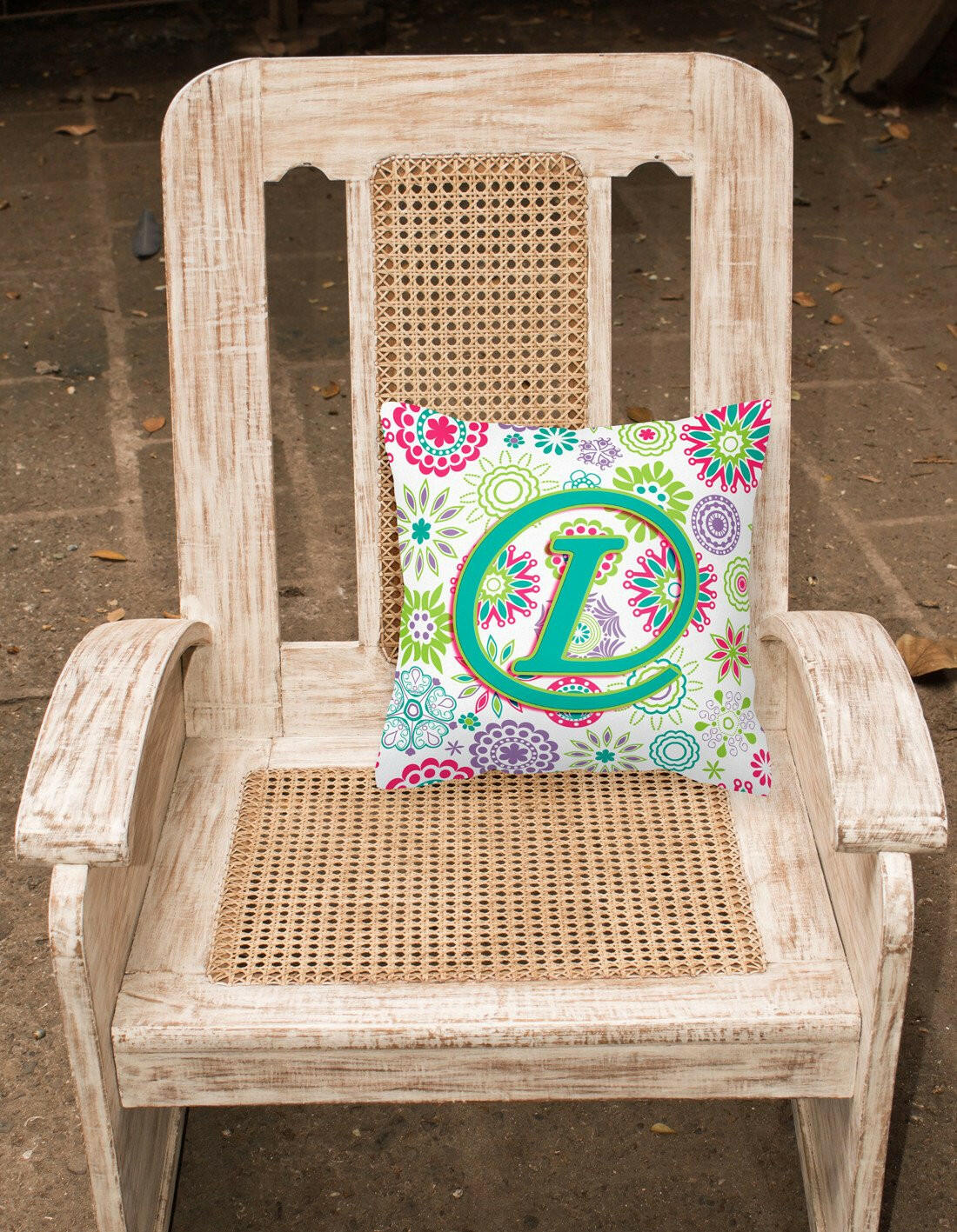 Letter L Flowers Pink Teal Green Initial Canvas Fabric Decorative Pillow CJ2011-LPW1414 by Caroline's Treasures