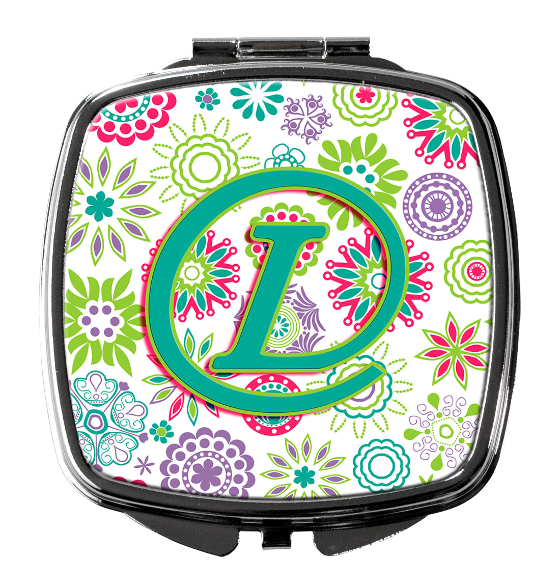 Letter L Flowers Pink Teal Green Initial Compact Mirror CJ2011-LSCM