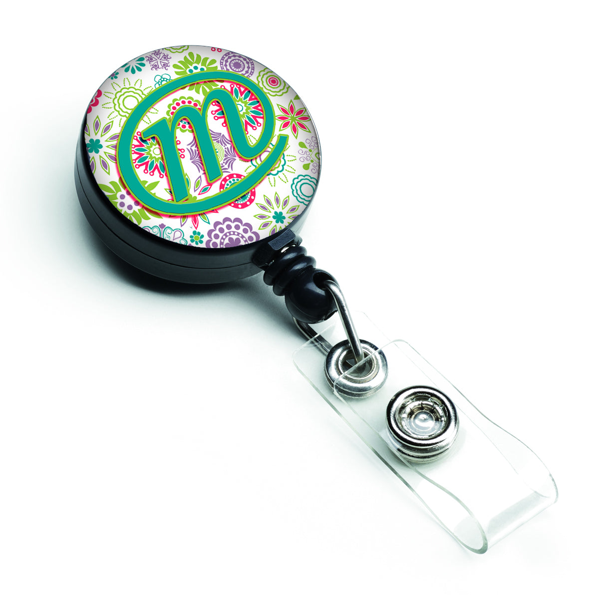 Letter M Flowers Pink Teal Green Initial Retractable Badge Reel CJ2011-MBR  the-store.com.