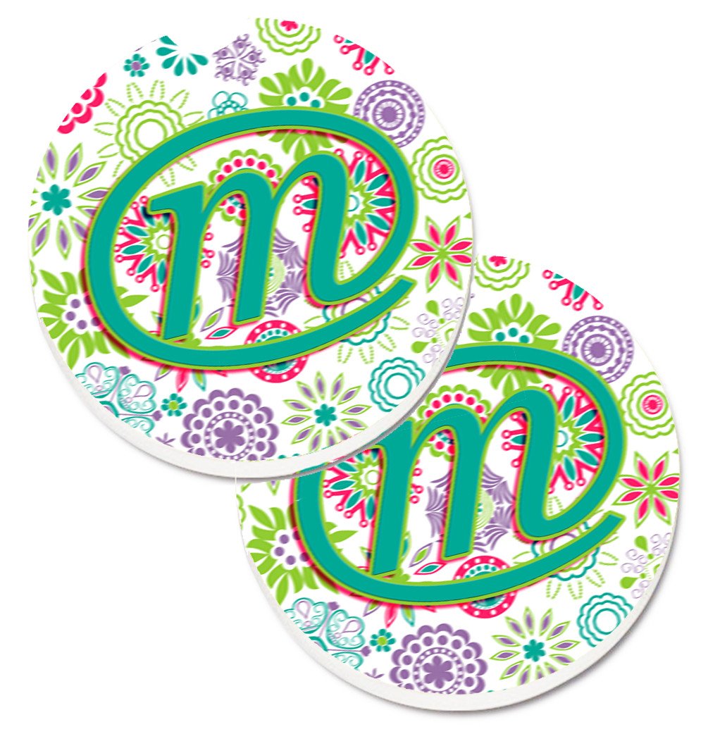 Letter M Flowers Pink Teal Green Initial Set of 2 Cup Holder Car Coasters CJ2011-MCARC by Caroline&#39;s Treasures