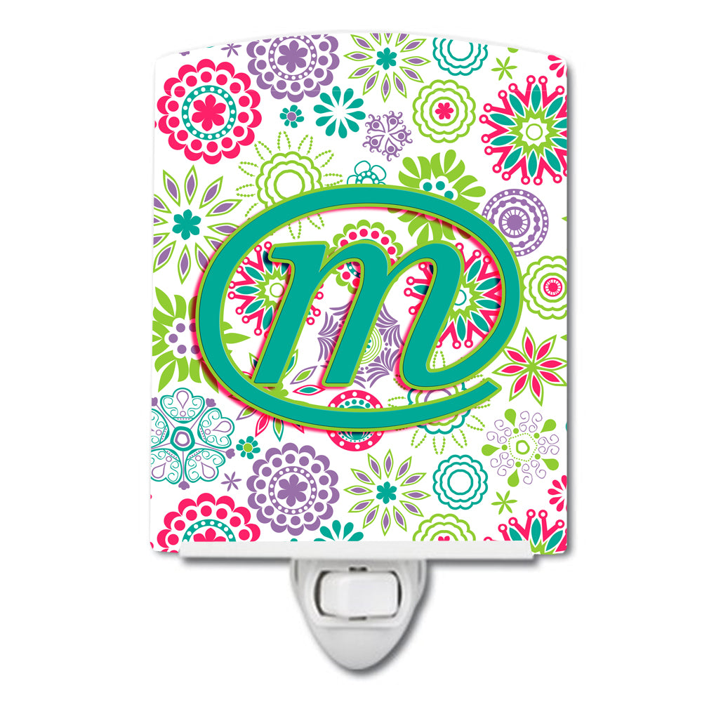 Letter M Flowers Pink Teal Green Initial Ceramic Night Light CJ2011-MCNL - the-store.com