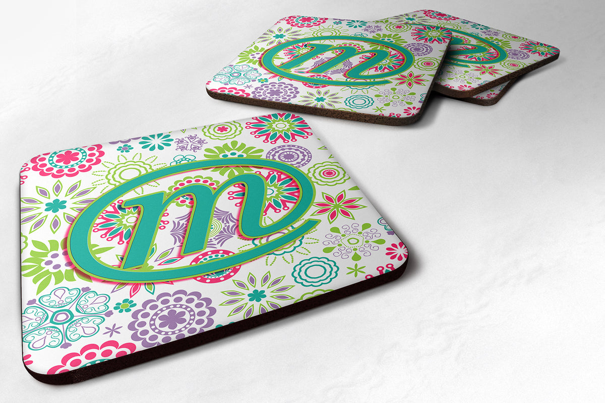 Set of 4 Letter M Flowers Pink Teal Green Initial Foam Coasters CJ2011-MFC - the-store.com