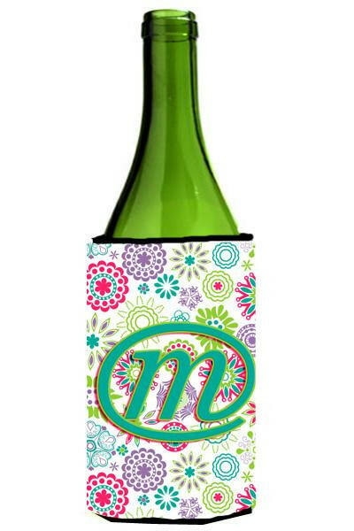 Letter M Flowers Pink Teal Green Initial Wine Bottle Beverage Insulator Hugger CJ2011-MLITERK by Caroline&#39;s Treasures