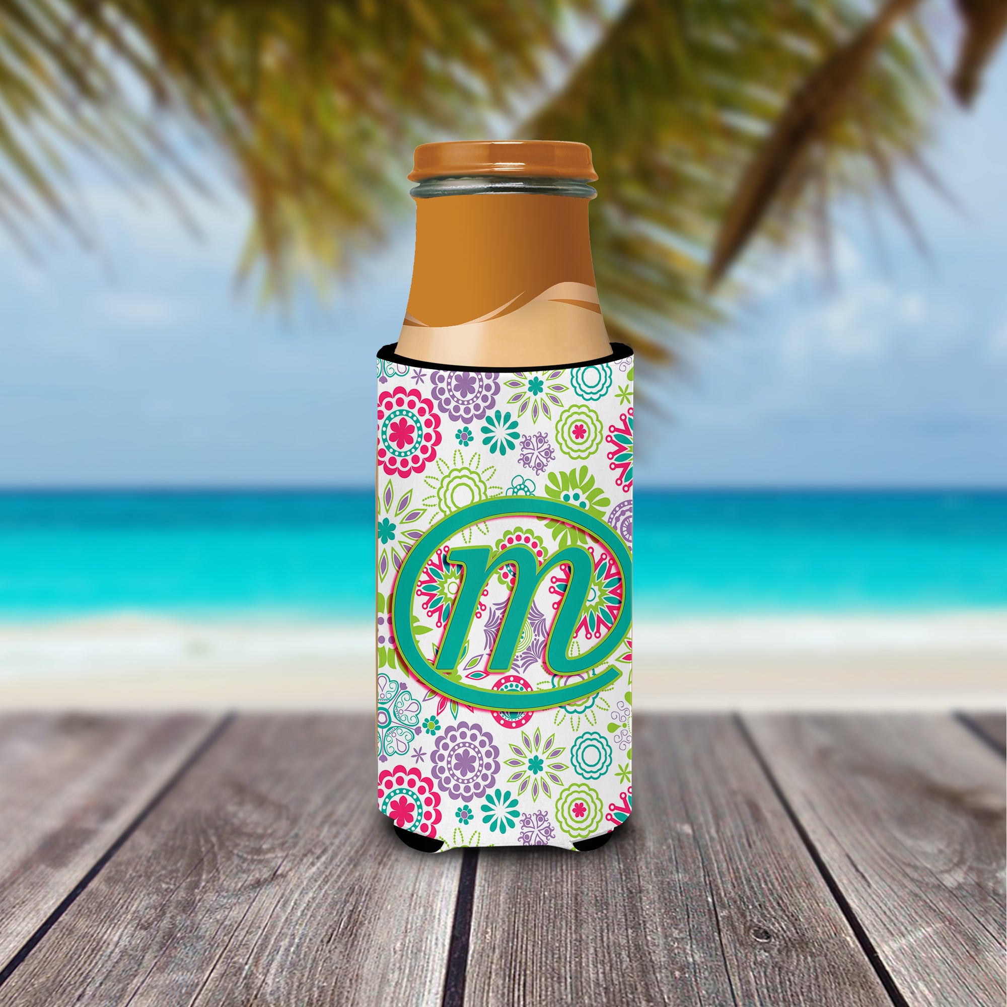 Letter M Flowers Pink Teal Green Initial Ultra Beverage Insulators for slim cans CJ2011-MMUK