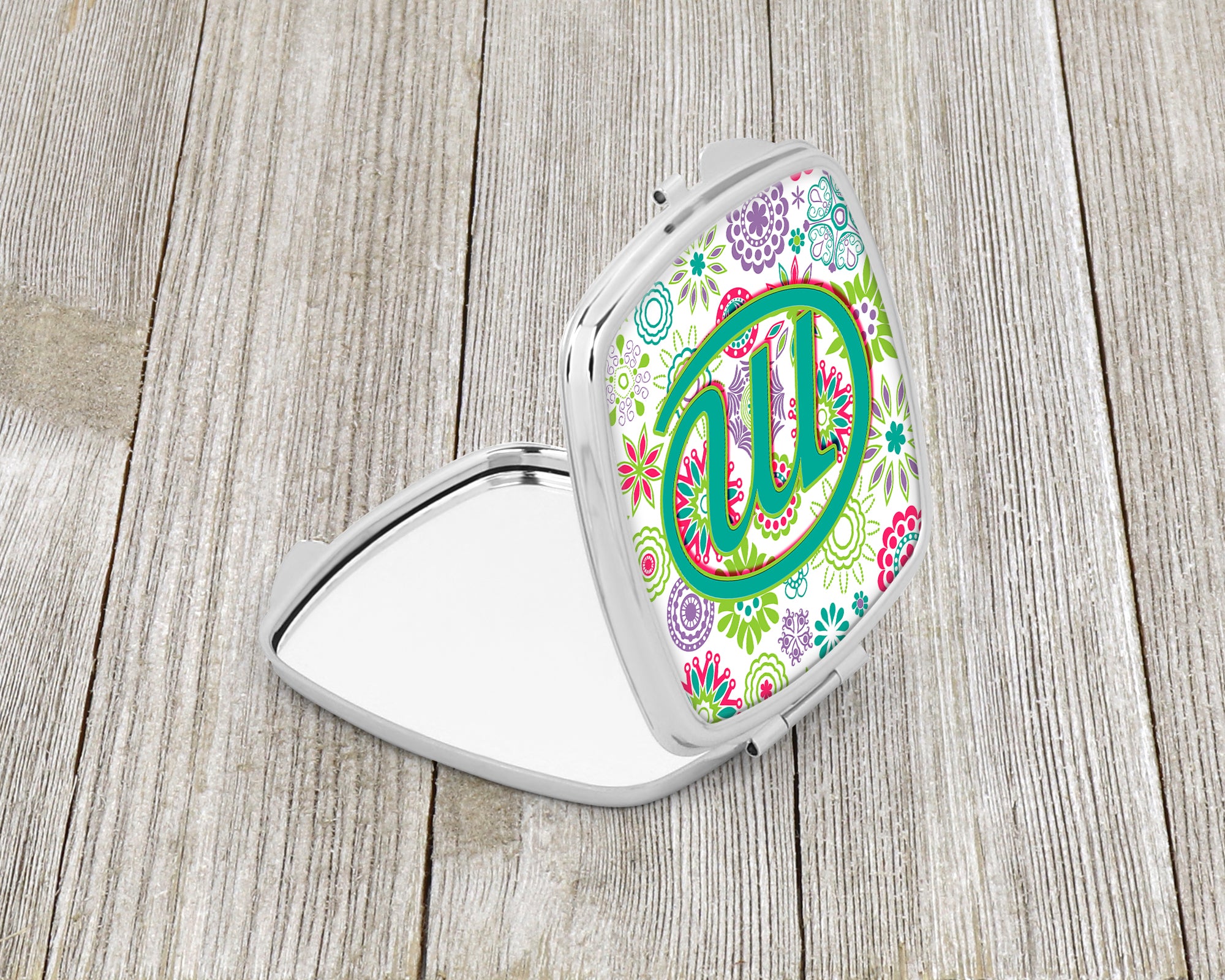 Caroline's Treasures Letter M Flowers Pink Teal Green Initial Compact Mirror – Stylish Purse Mirror with Artistic Covers CJ2011-MSCM