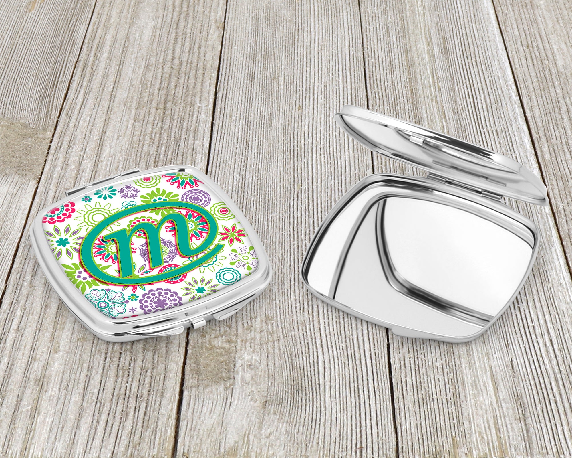 Letter M Flowers Pink Teal Green Initial Compact Mirror CJ2011-MSCM