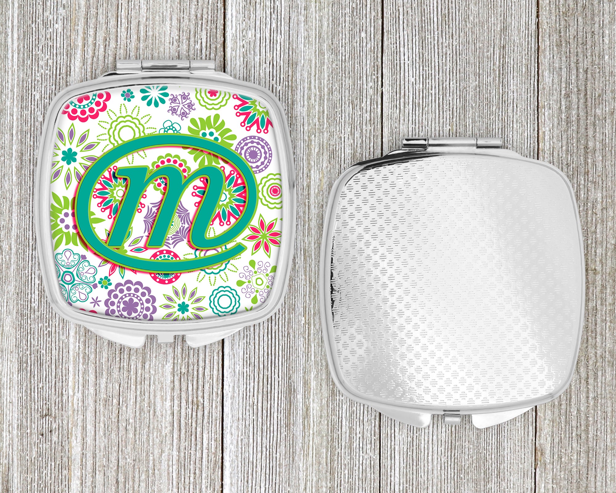 Letter M Flowers Pink Teal Green Initial Compact Mirror CJ2011-MSCM  the-store.com.