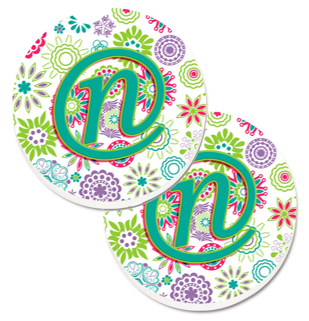 Letter N Flowers Pink Teal Green Initial Set of 2 Cup Holder Car Coasters CJ2011-NCARC by Caroline&#39;s Treasures