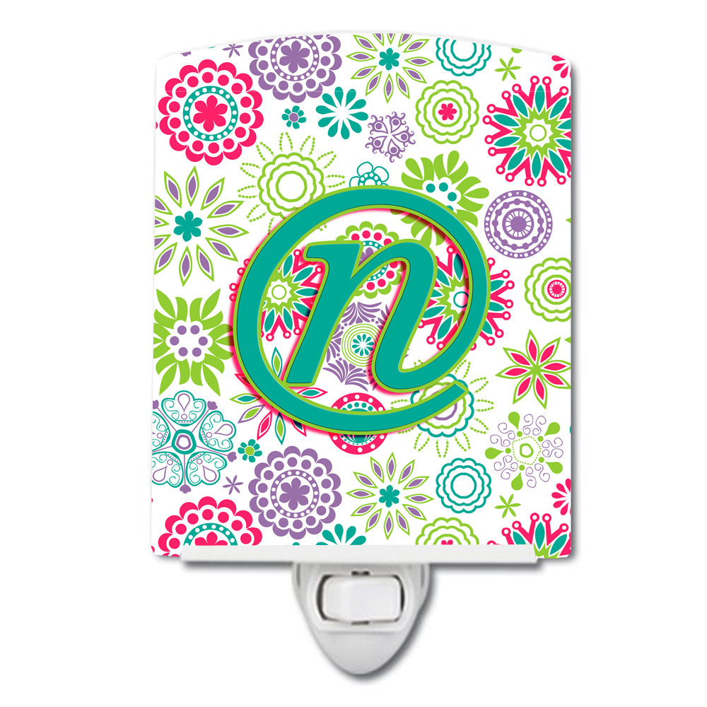 Letter N Flowers Pink Teal Green Initial Ceramic Night Light CJ2011-NCNL - the-store.com