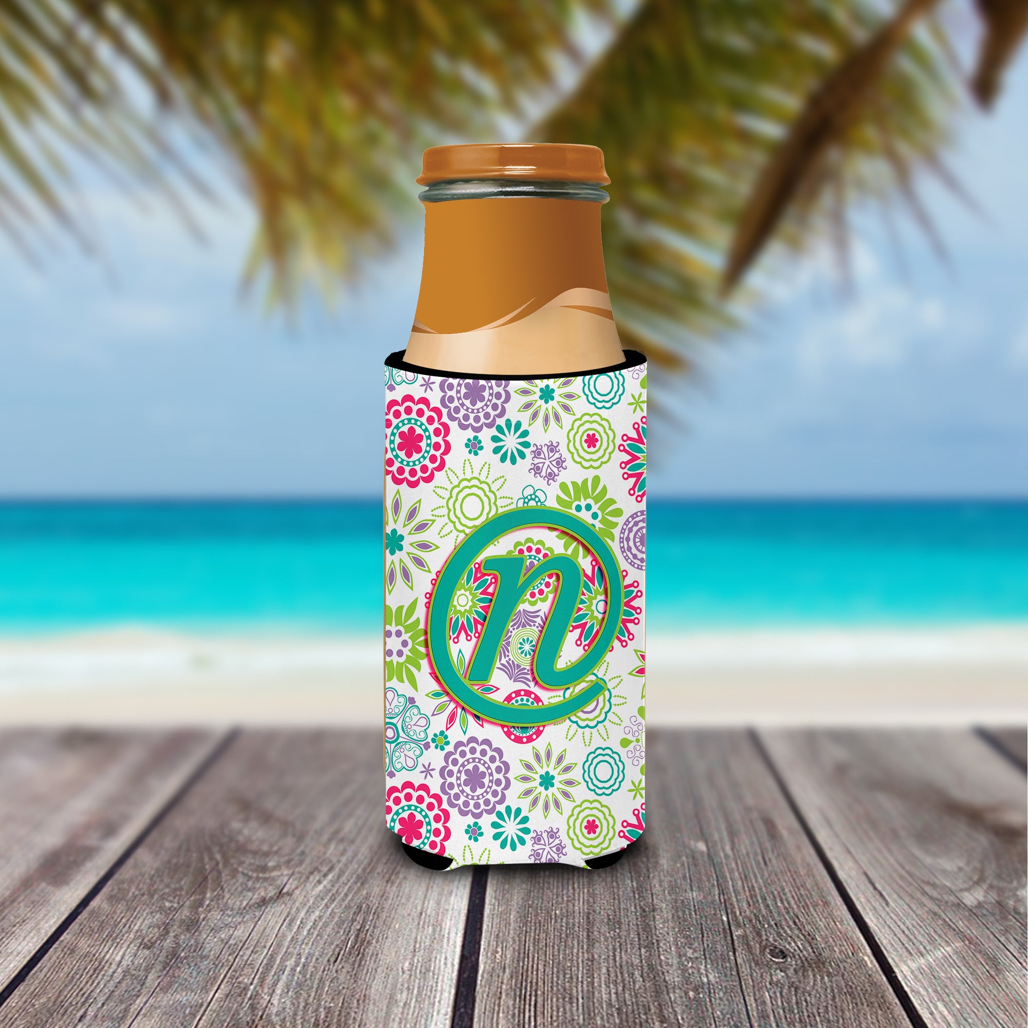 Letter N Flowers Pink Teal Green Initial Ultra Beverage Insulators for slim cans CJ2011-NMUK.